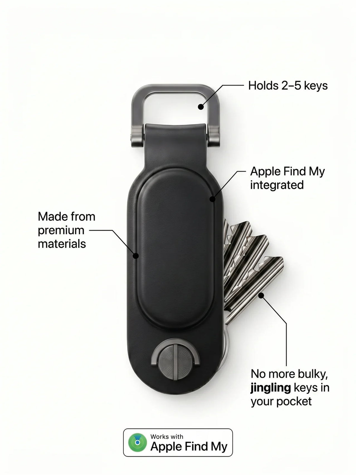 Feature overview of the leather key organizer: holds 2–5 keys, Apple Find My integrated, premium materials.