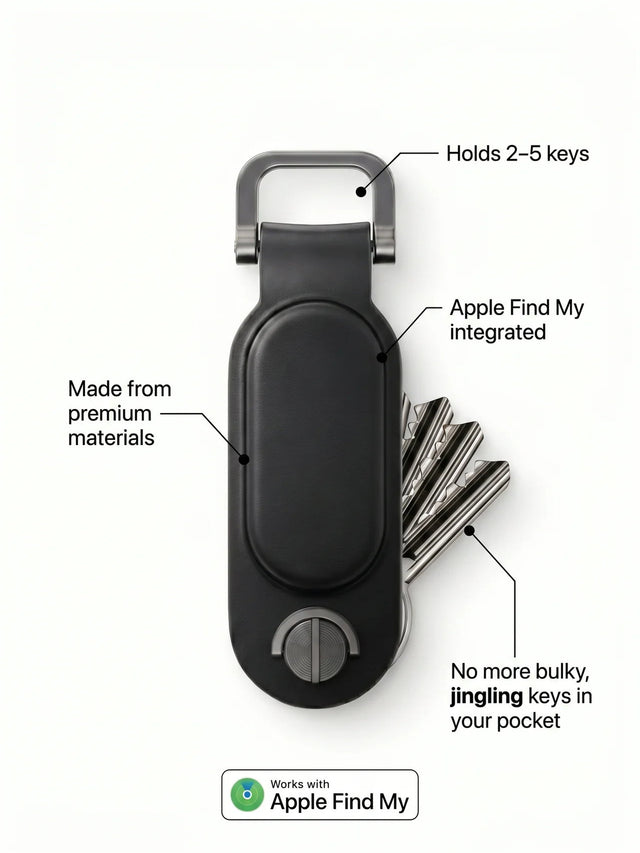 Feature overview of the leather key organizer: holds 2–5 keys, Apple Find My integrated, premium materials.