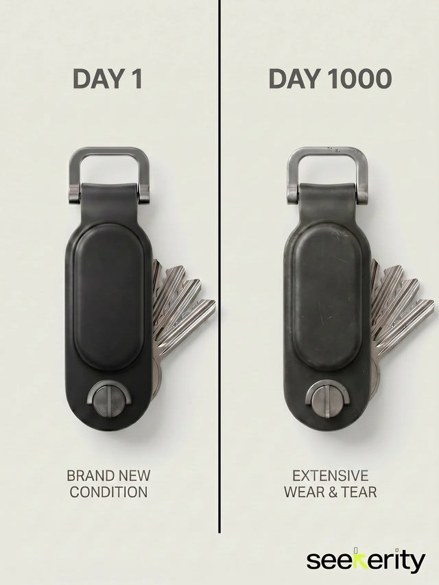 Leather key organizer shown brand new and after 1000 days of daily use
