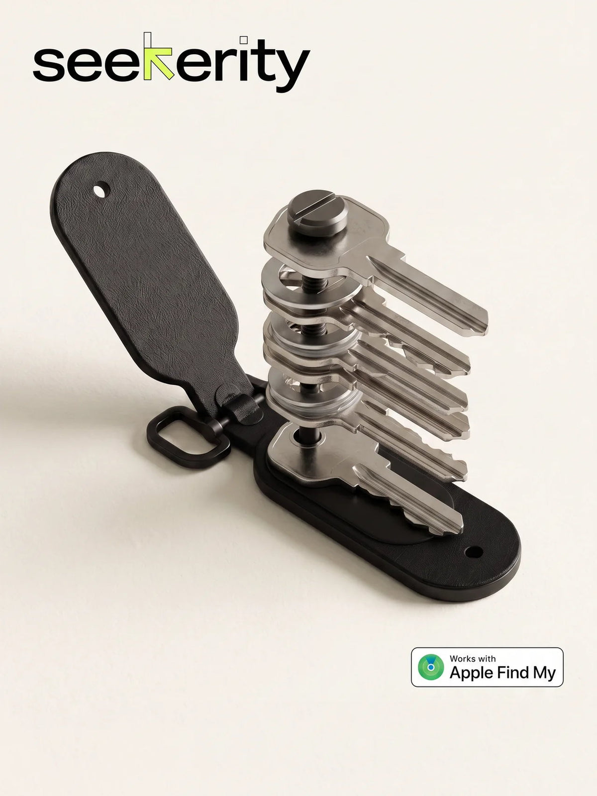 Leather key organizer opened to show five keys stacked inside