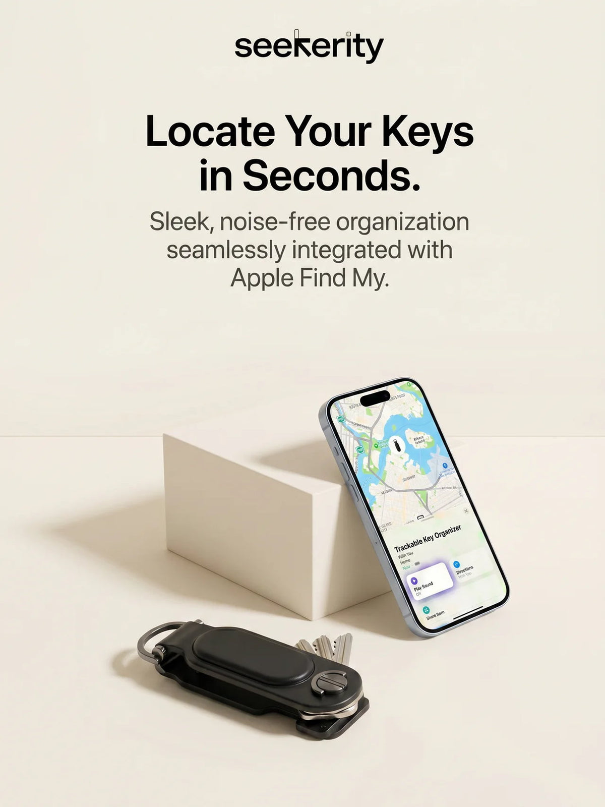 Leather key organizer beside an iPhone locating it in seconds via Apple Find My